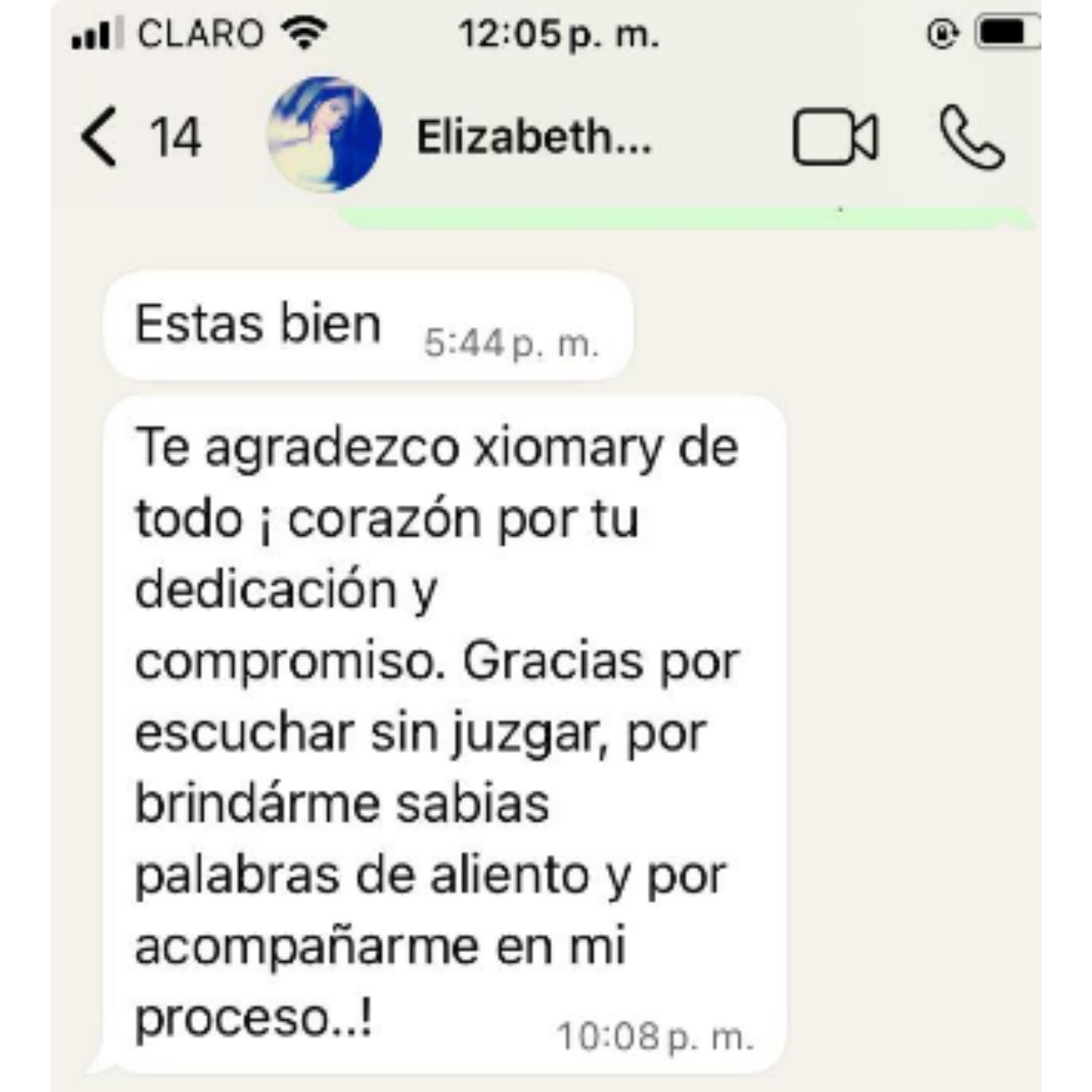 Testimonio recibido por WhatsApp - Elizabeth